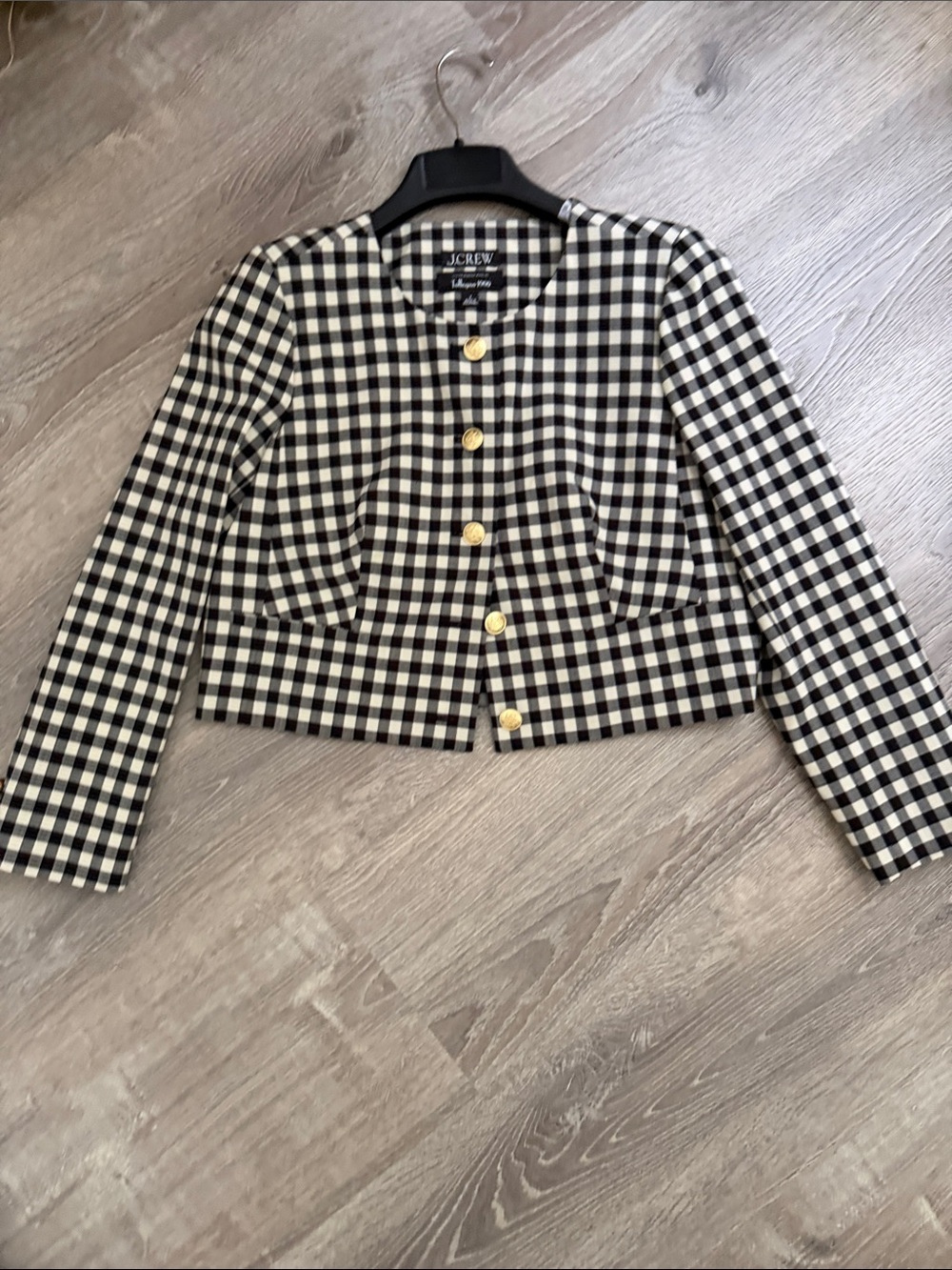 J. Crew Black and White Gingham Cropped Blazer with Gold Buttons Italian Wiil